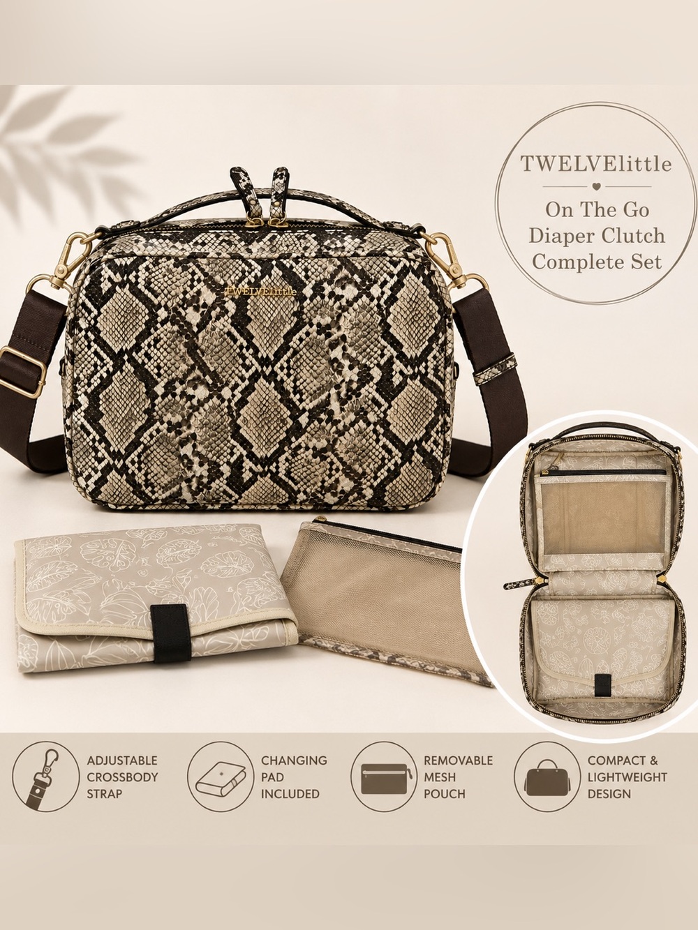 TWELVElittle Diaper Bag Snake Print Crossbody Baby Clutch Changing Pad EUC